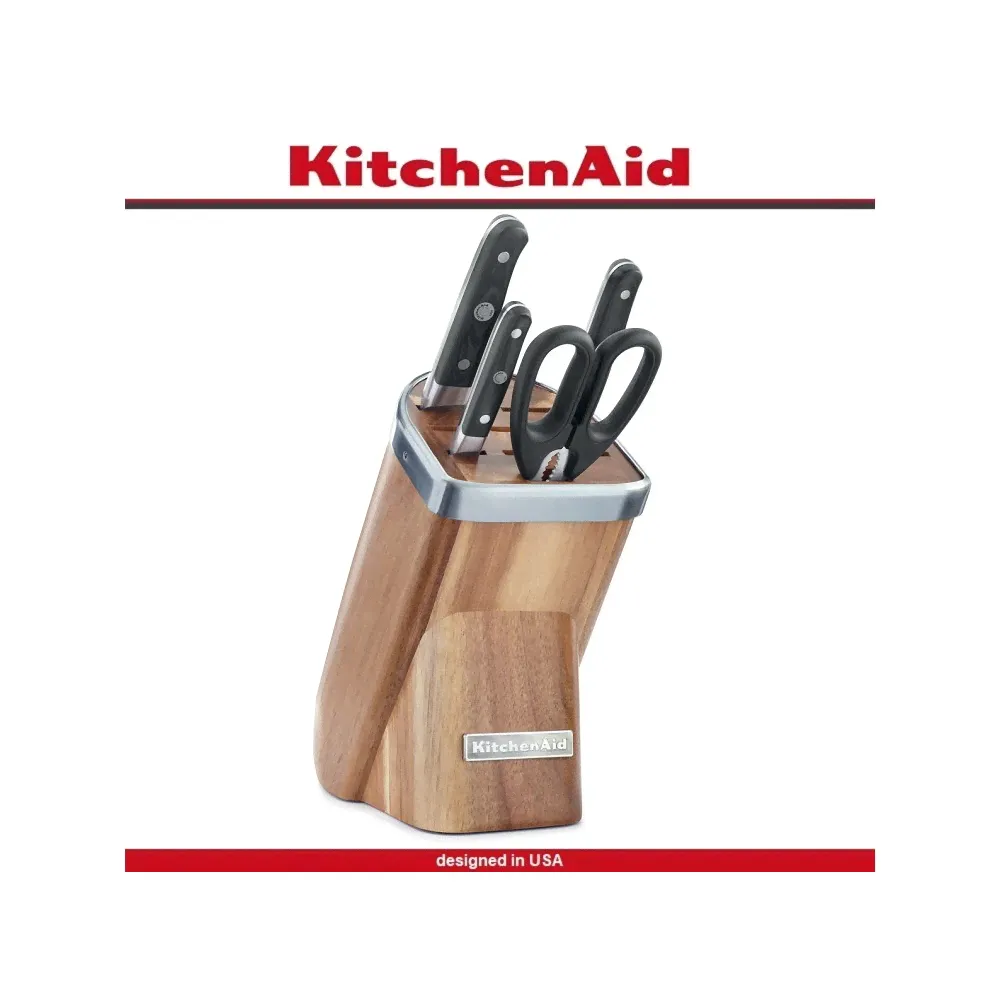 Набор кухонных ножей Natural, 5 предметов, подставка дерево акации, KitchenAid